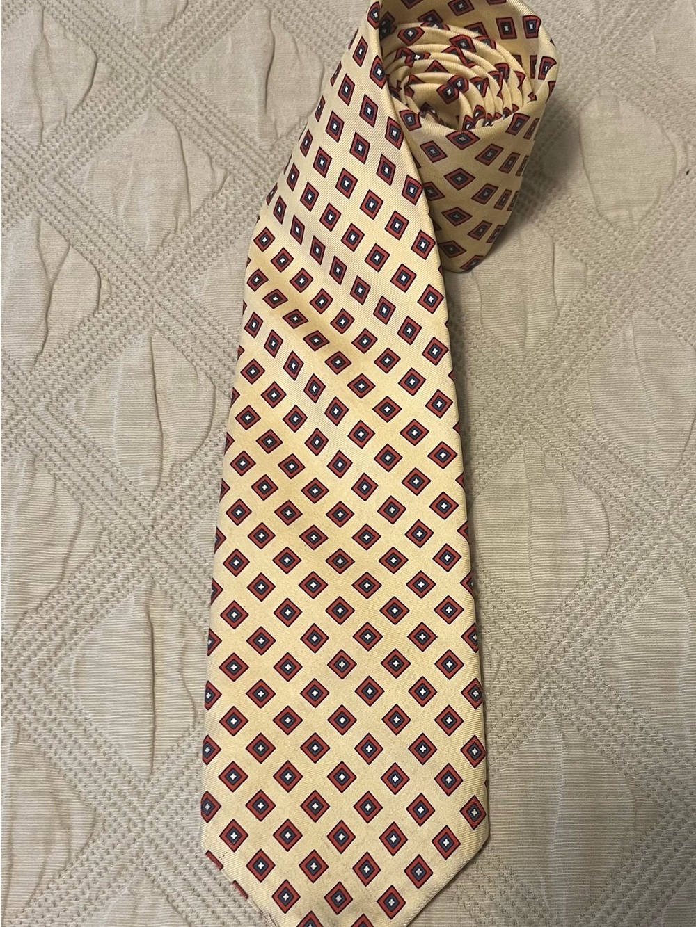 Brooks Brothers Makers Silk Tie - Cream Yellow Red Blue Diamond Geometric - USA